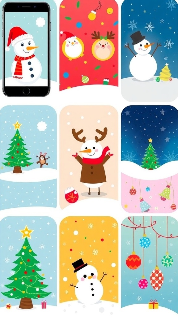 A variety of cute Christmas phone wallpapers with snowmen, reindeer, and Christmas trees.